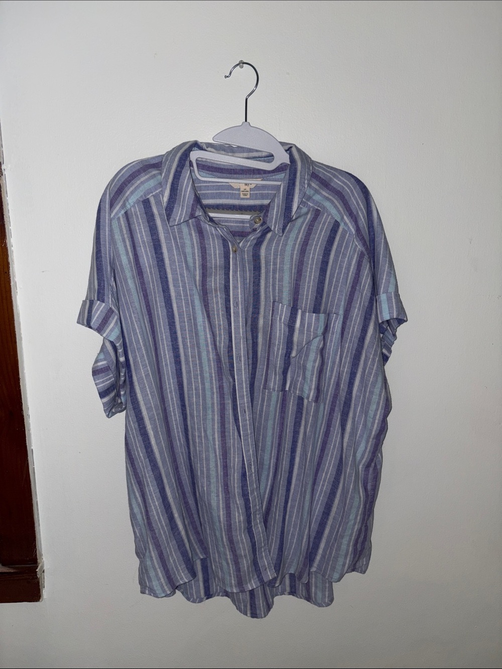 Terra & Sky Short-Sleeve Button-Down Shirt in Blue and Purple Stripes